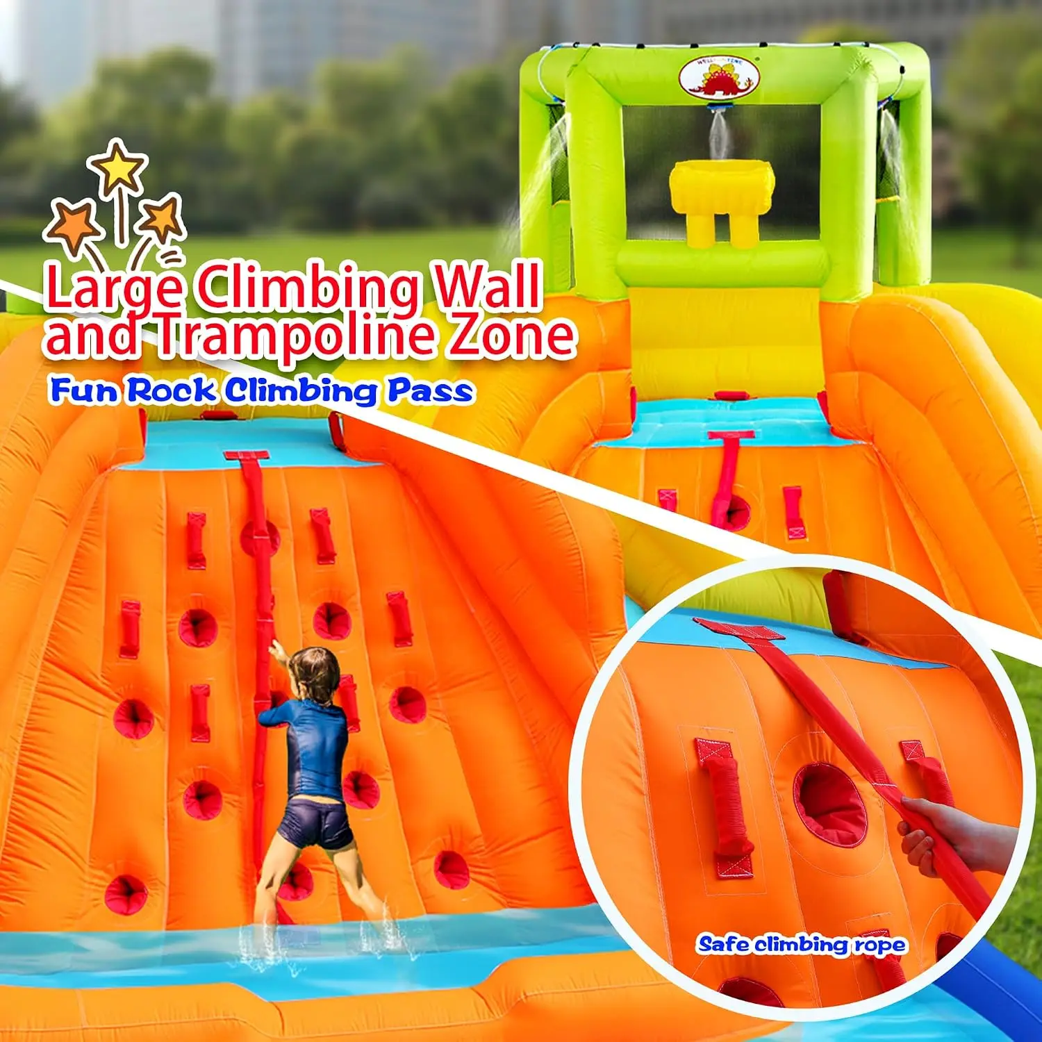 WELLFUNTIME Inflatable Water Slide, Bounce House with Water Bucket, Deep Pool, Climbing Wall with Rope, Bouncy Castle with Air B view 3
