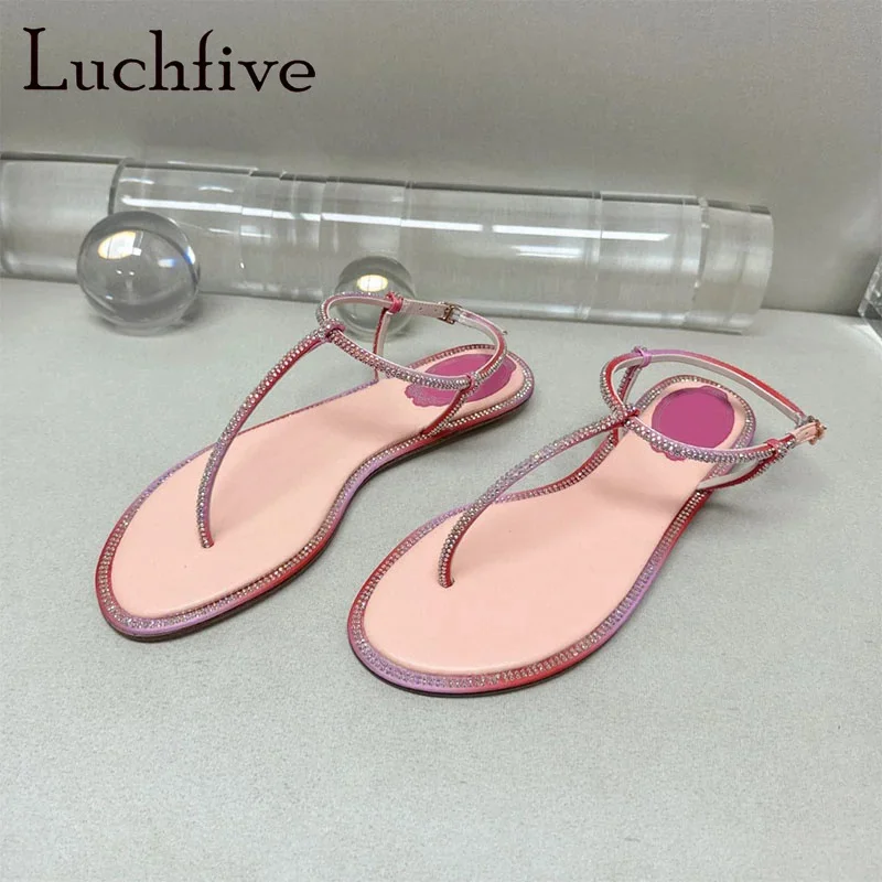 Summer Classic Multi-color Rhinestone Flats Sandals Women T-Strap Buckle Designer Casual Beach Sandals Luxury Crystal Sandals