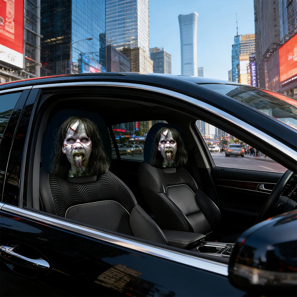 Ferocious Long-Haired Female Ghost Car Headrest Covers, All-Season Use, Essential Seat Protection