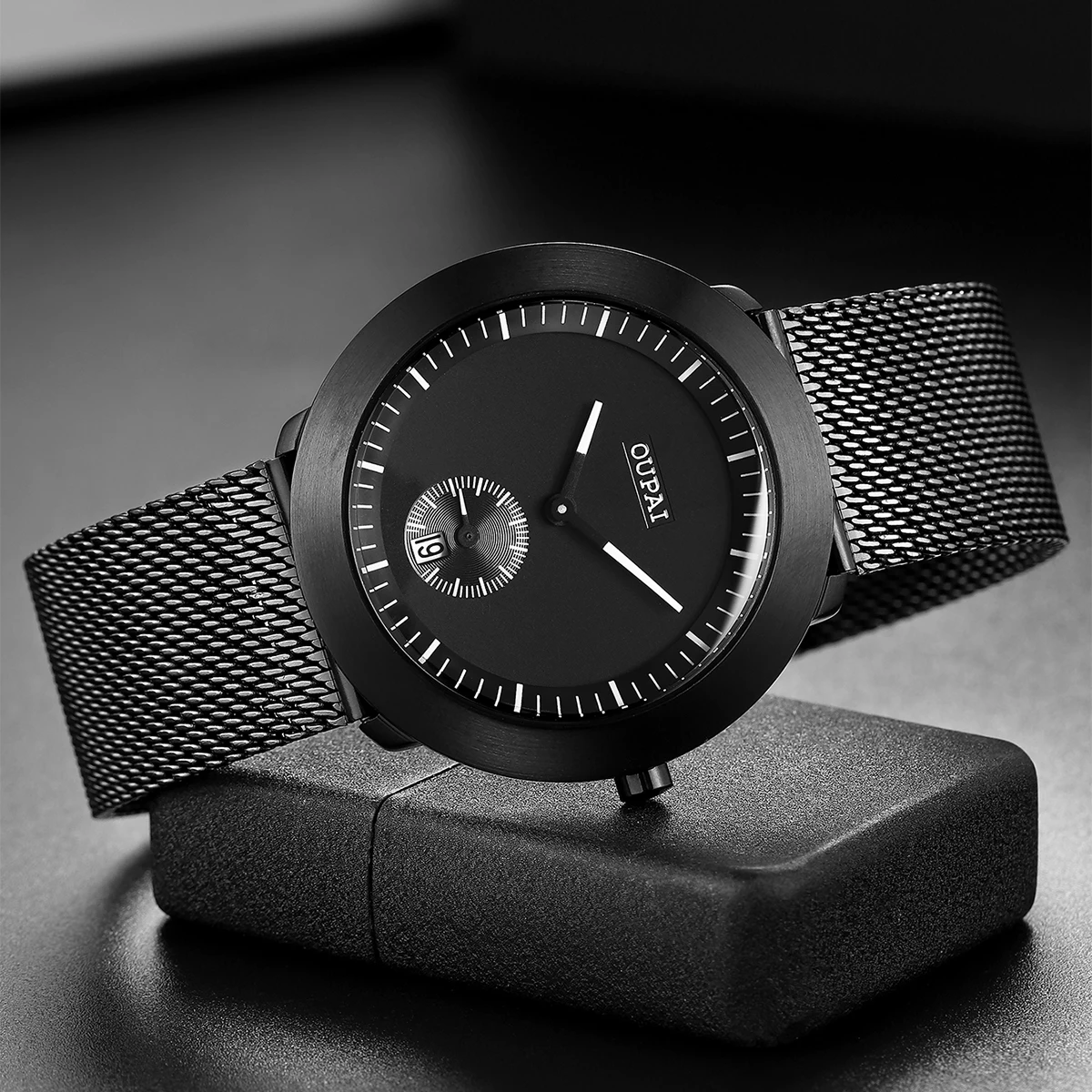 Oupai круглые черные кварцевые часы из нержавеющей стали, простые и спортивные часы, мужские наручные часы с календарем, водонепроницаемые
