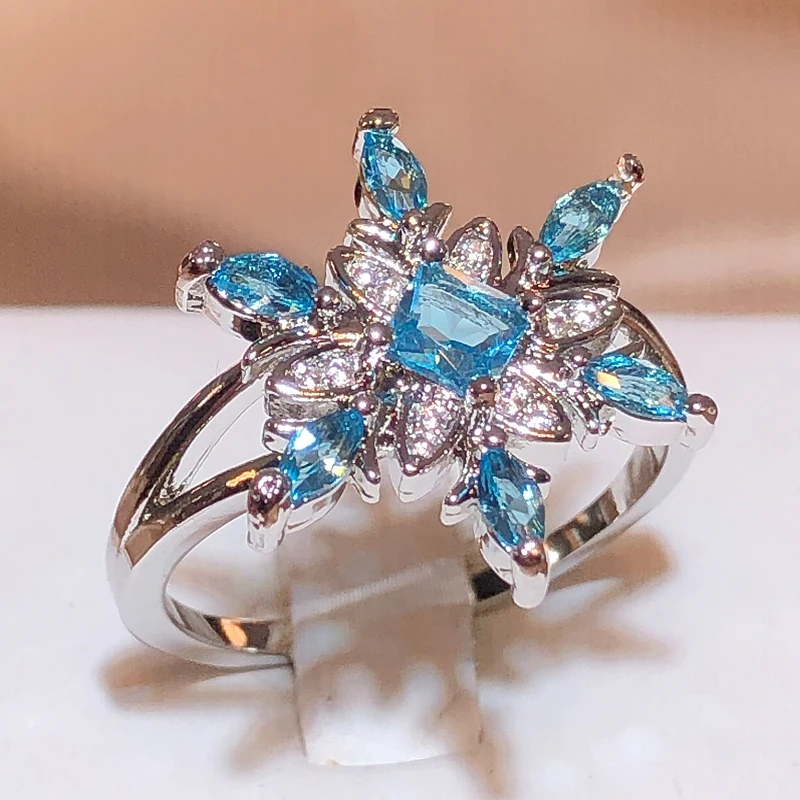 925 Stamp Christmas Snowflake Aquamarine Zirconia Ring Female New Fashion Party Wedding Christmas Gift Wholesale