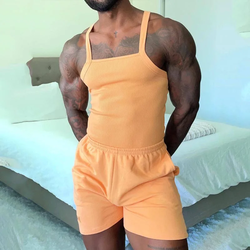 Summer Men's Suit Solid Color Knitted Suspender Shorts Casual Sports Two-piece Set