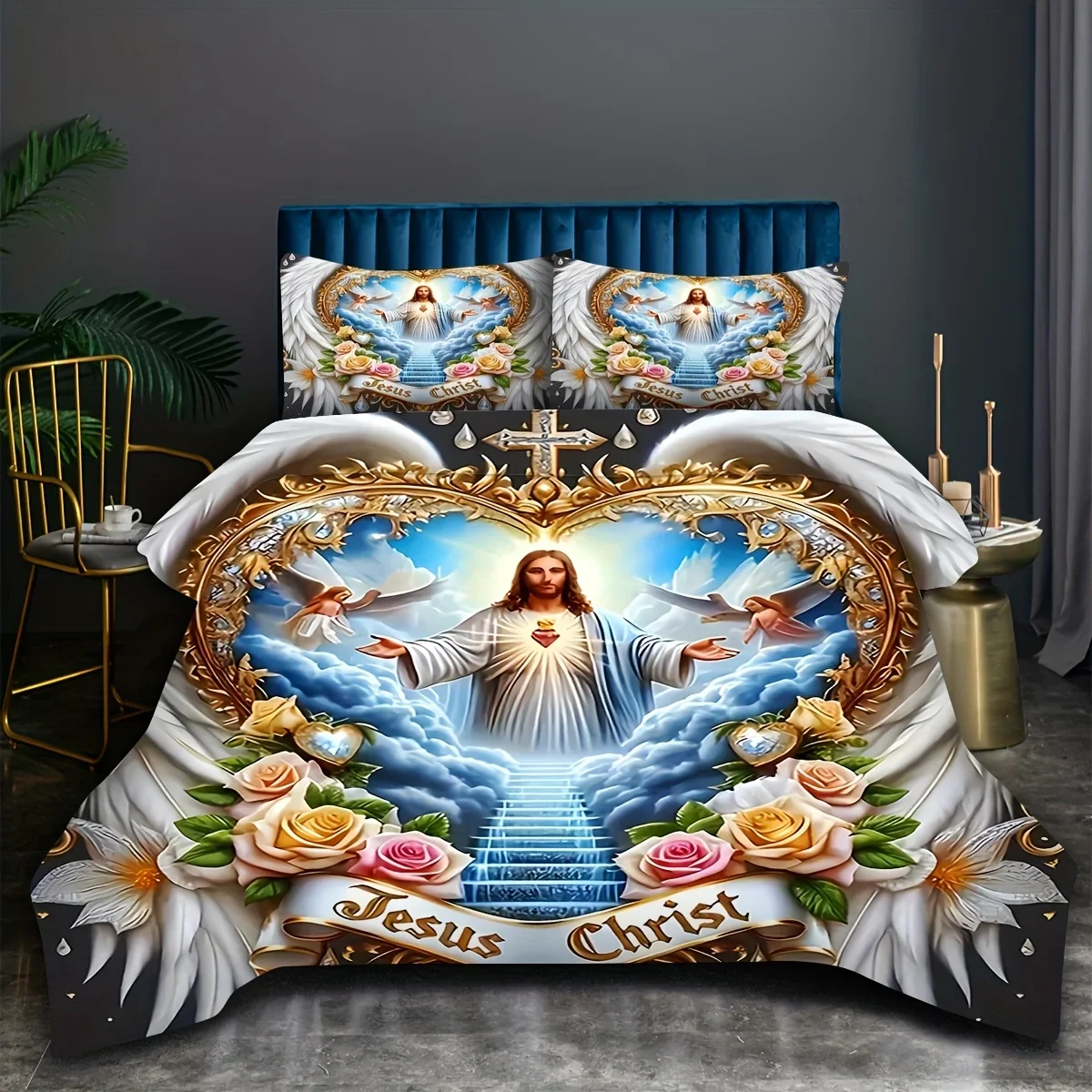 Sacred Devotion Wings Cross Flower Angel Jesus Door to Heaven Bedding Set Digital Print Quilt Cover Set Zipper Design