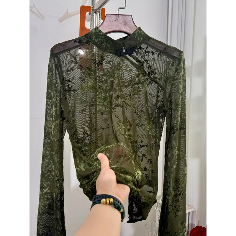 Mesh Base Flocking Slim Fit T-shirt Spring Autumn 2025 New See-through Sexy Chic Printed Plate Button Long-sleeved Top