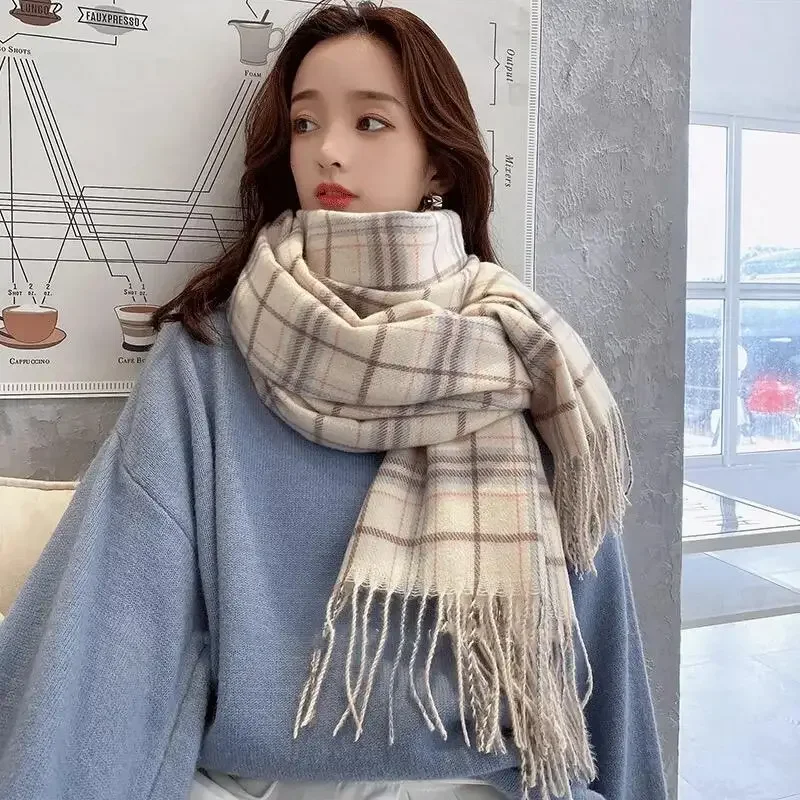 Gentle Style Cream White 2024 New Plaid Shawl with Scarf for Women in Winter Spring and Autumn Cashmere for Warmth