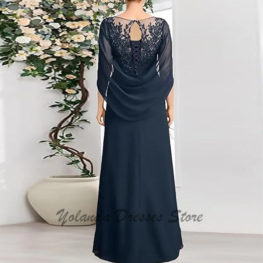 Fashion Scoop Neck Mother of The Bride Dresses Formal Dress Chiffon Evening Gown Floor Length Applique Lace Up Draped Pleated