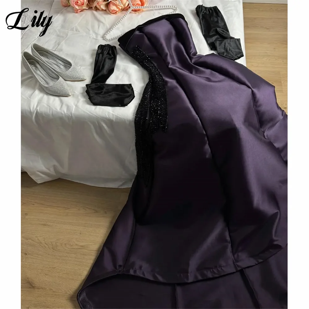Lily Dark Purple Formal Gown Satin Strapless Sleeveless Prom Dresses with Black Embellishments فساتين مناسبة رسمية Customized