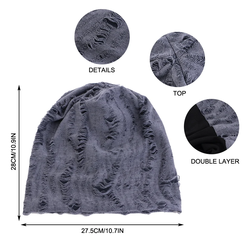 New Unisex Retro Holes Ripped Stacked Hat Vintage Hip-Hop Slouchy Hat Winter Warm Unisex Skullies Solid Color Male Skull Caps