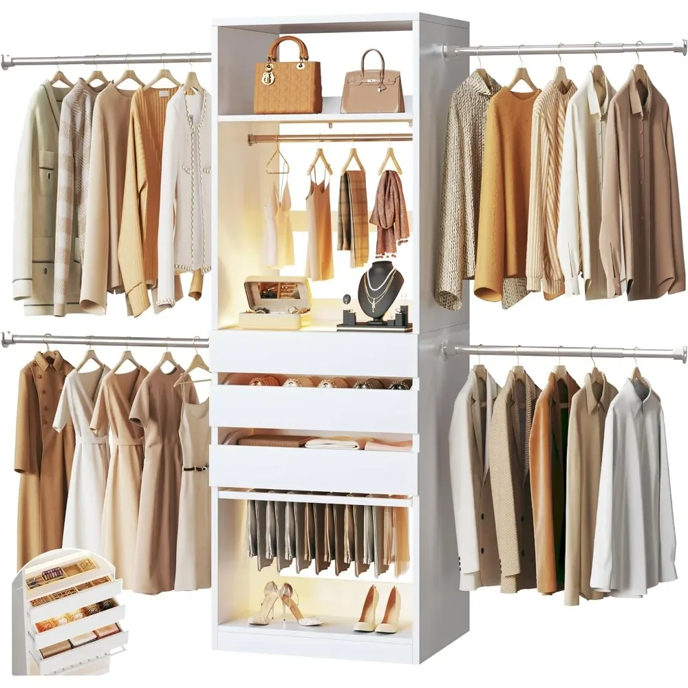 Closet System, 4-8FT Closet Organizer with 3 Wood Drawers & Glass Top, 102'' Walk in Closet with 5 Hang Rods & LED Lights