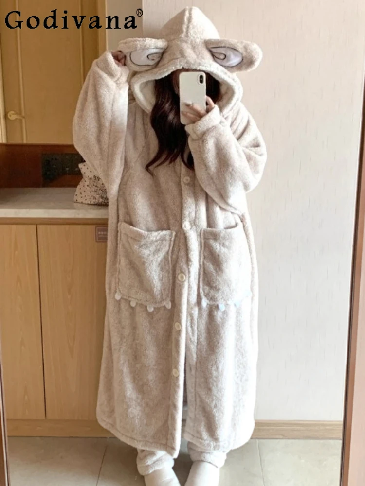 

Women New Autumn Winter Large Size Cute Hooded Coral Fleece Nightgown Fashion Loose Thickened Long-sleeved Warm Loungewear Sets