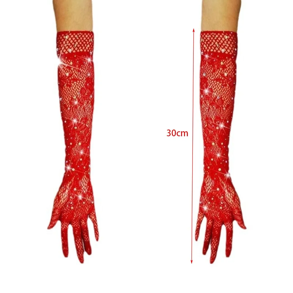 Новые сетчатые длинные варежки, праздничное платье, косплей, ажурные перчатки, танцевальный костюм, блестящие перчатки со стразами, сексуальные