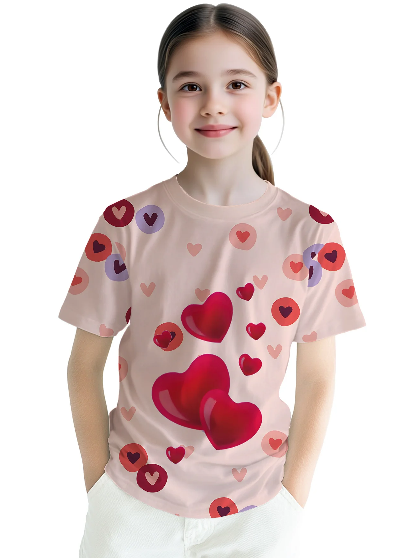 Girls Valentine Heart T-Shirt, Glossy Big Red Hearts & Small Heart Circles Pattern Casual Kids Graphic Top
