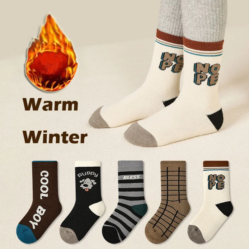 5 Pairs Children's Socks Winter Socks Boys Thicken Cotton Cartoon Kids Mid Calf Sock Baby Infant Warm Plush Socks Cold Days