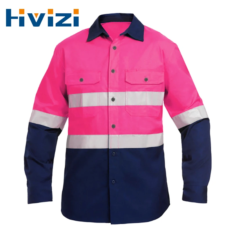 

Pink Safety Shirt with Reflective Stripes Long Sleeve Reflective Shirt Construction Work Clothes Men Women Workwear Shirt