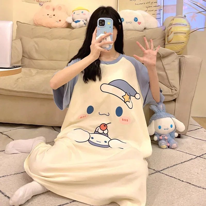 Sanrio hello kitty Nightdress Women's Summer robes Short Sleeve T-Shirt Dress Student Pajamas Mid-Length Home Clothes sleepwear