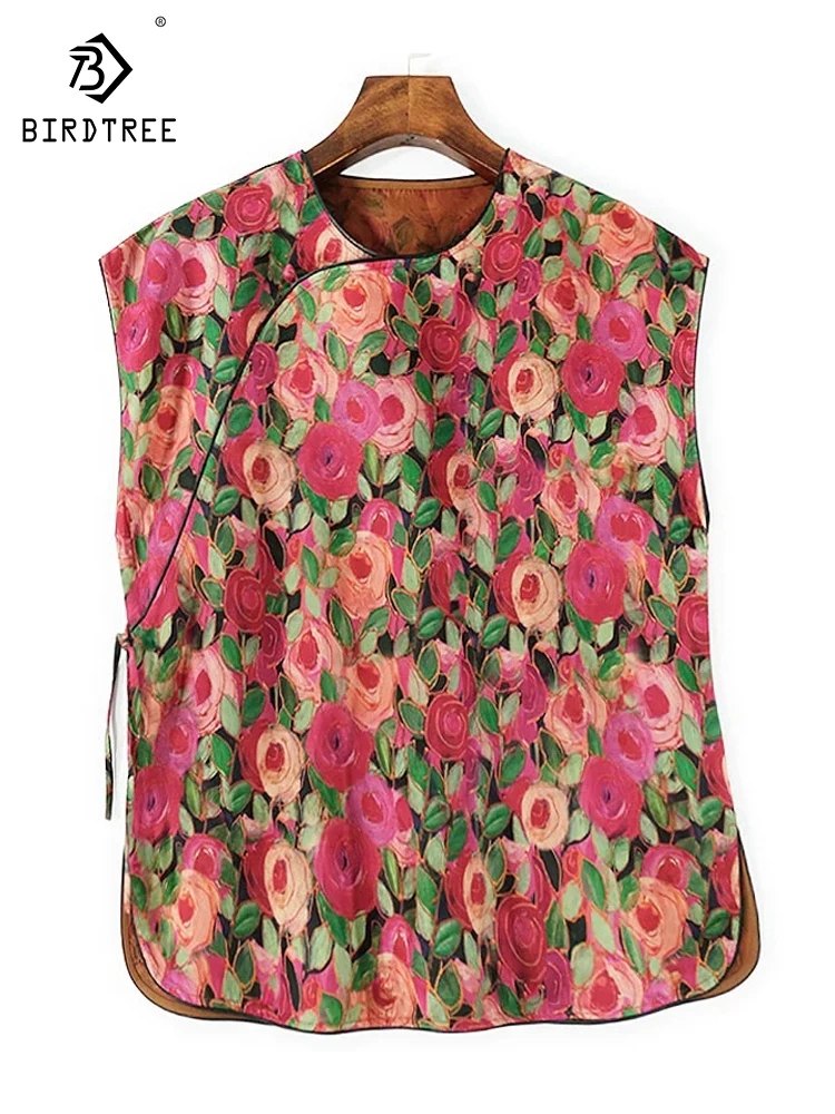 

BirdTree-35MM Silk Watered Gauze Elegant Vest, Women Stand Sleeveless Floral, Retro Commute Loose Tank Top, 2025 Summer T57156CC