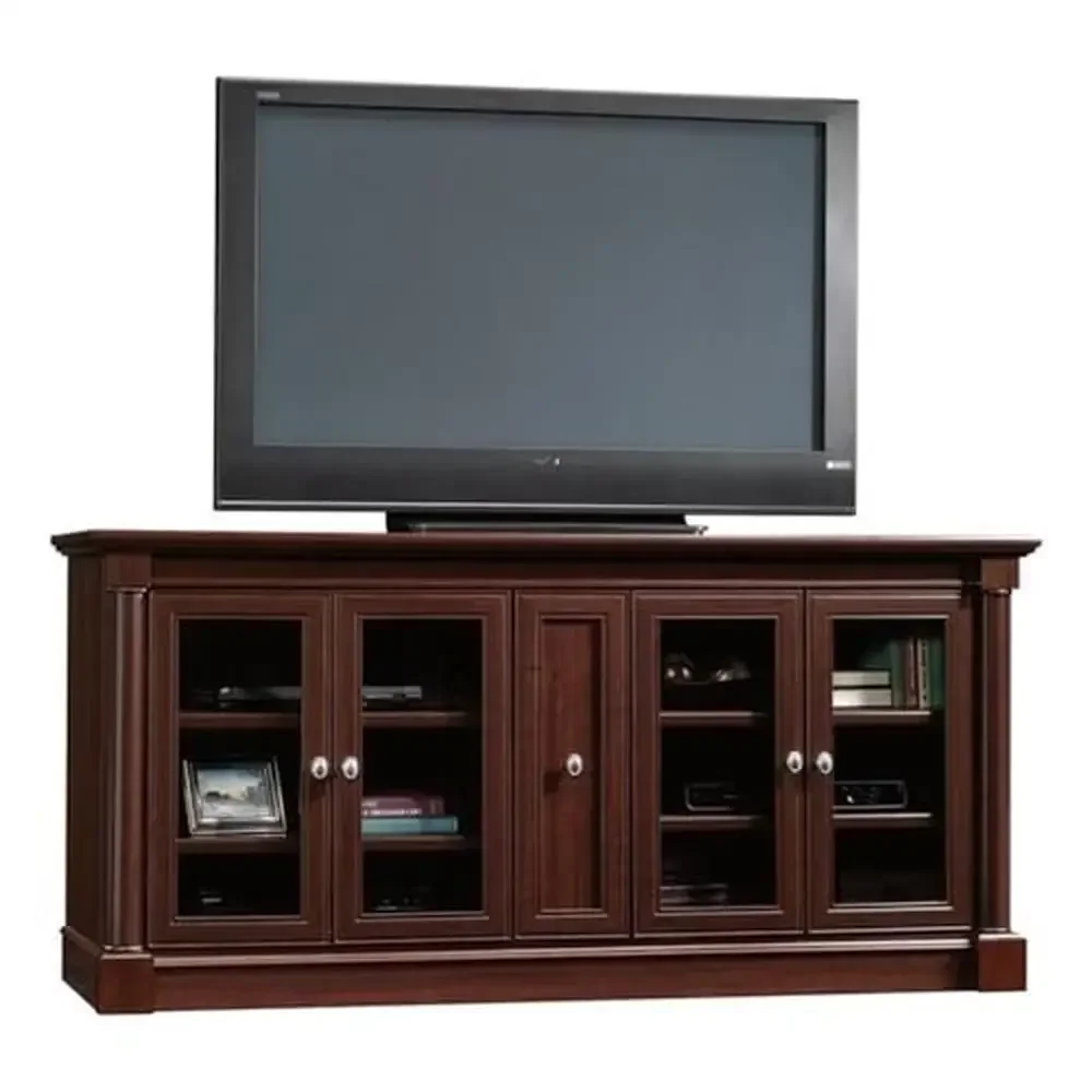 Wood & Tempered Glass TV Stand with 4 Adjustable Shelves & 5 Doors TVs up to 70