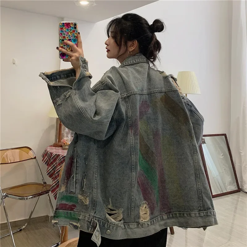 Korean Style Women Jacket Loose Vintage Fashion Denim Coat Oversize Graffiti Print Hole Streetwear Female Denim Jacket HOT