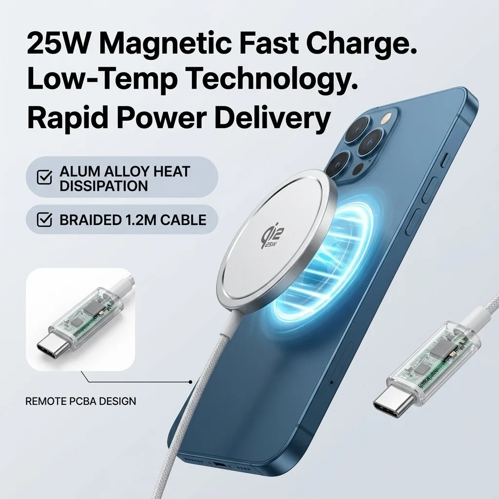 Magnetic Wireless Charger 25W Qi2 Fast Charging Pad, Ultra-Thin Aluminum Low-Temp Charger for iPhone 16 15 14 13 12 Pro Max, 4ft Braided USB-C Cable, High-Speed Cooling Wireless Charging Station