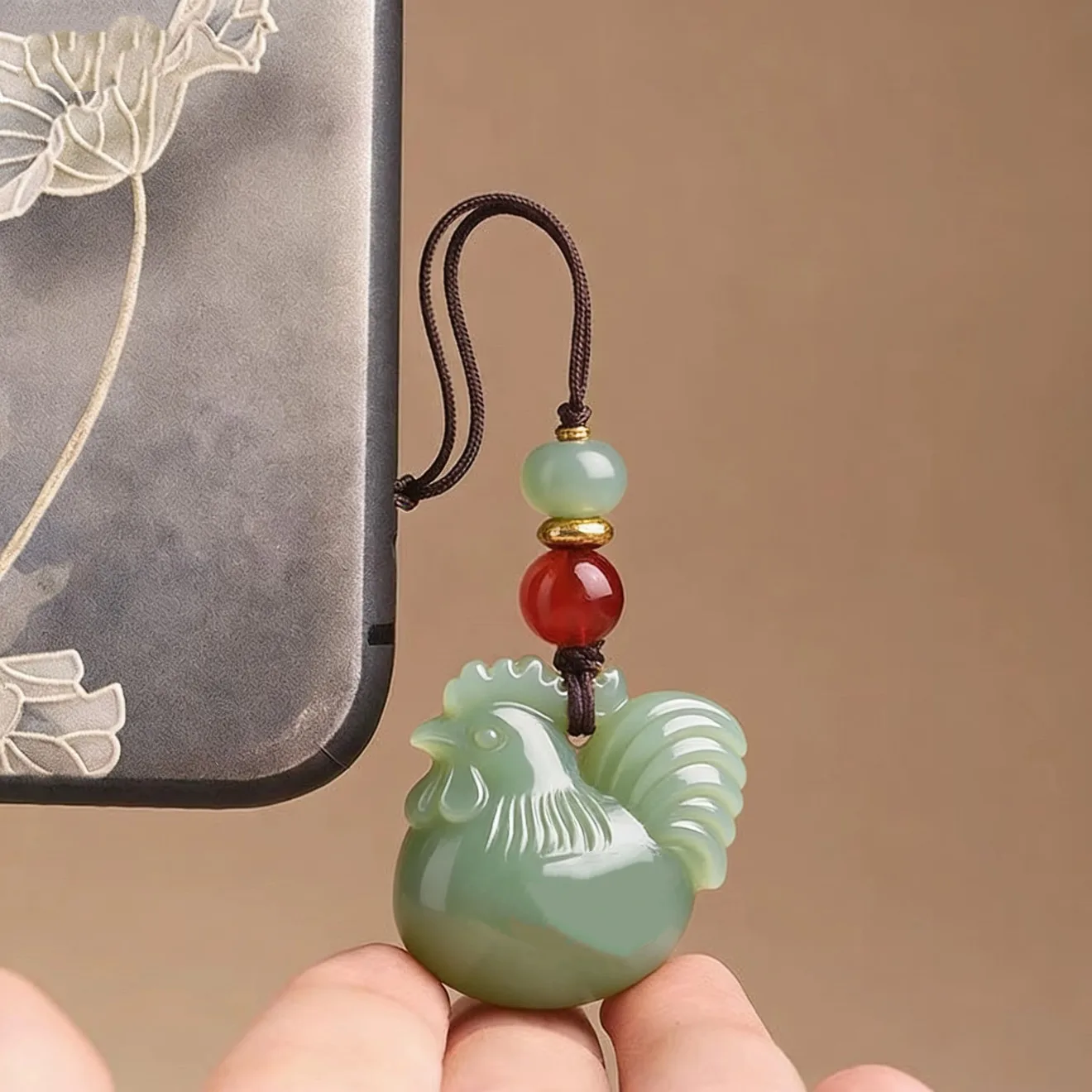 Chinese Traditional Auspicious Hetian Jade Zodiac Rooster Pendant Natural Red Agate Bead Phone Lanyard Car Keychain Charm Good