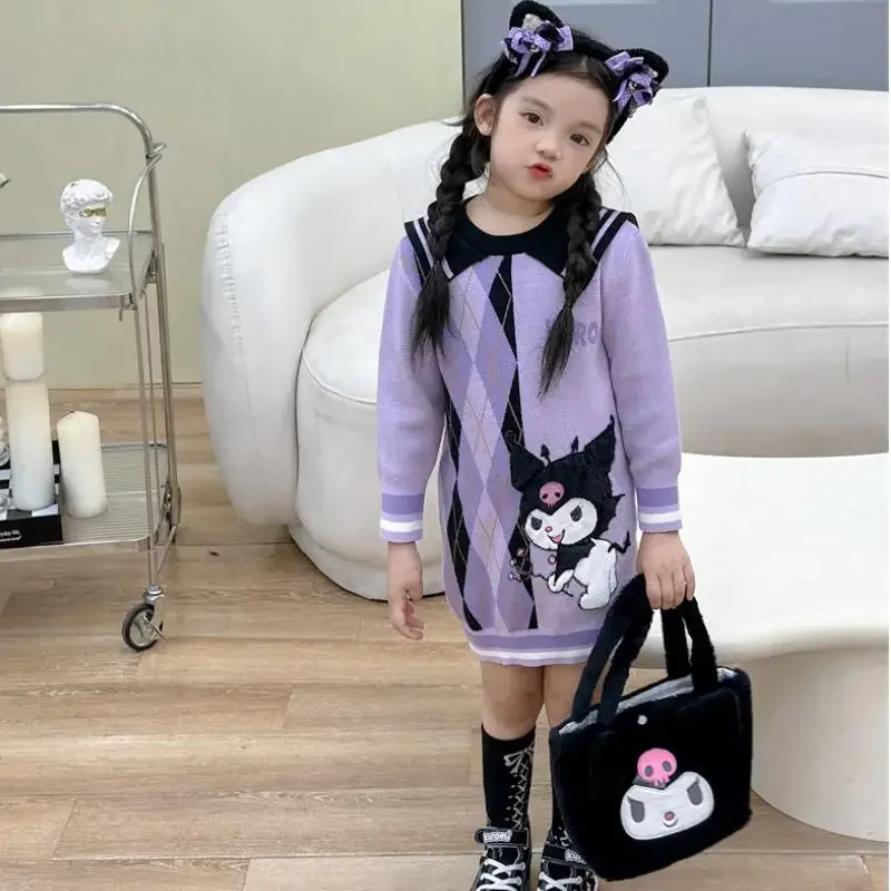 Sanrios Kuromi Anime Kawaii Prep Kids Sweater Dress Long Sleeves Knitted Princess Dresss Plus Velvet Girls Skirt Toddler Clothes