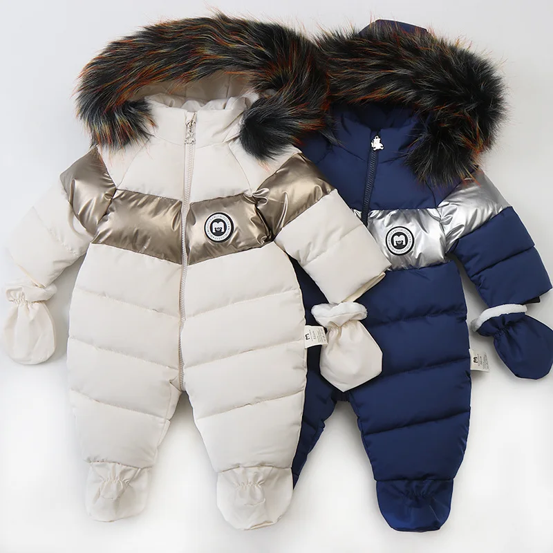 

0-2 Y Winter Baby Clothes Newborn Footies with Gloves Boys Thick Jumpsuit Toddler Girls Fleece Lining Hooded Warm Romper