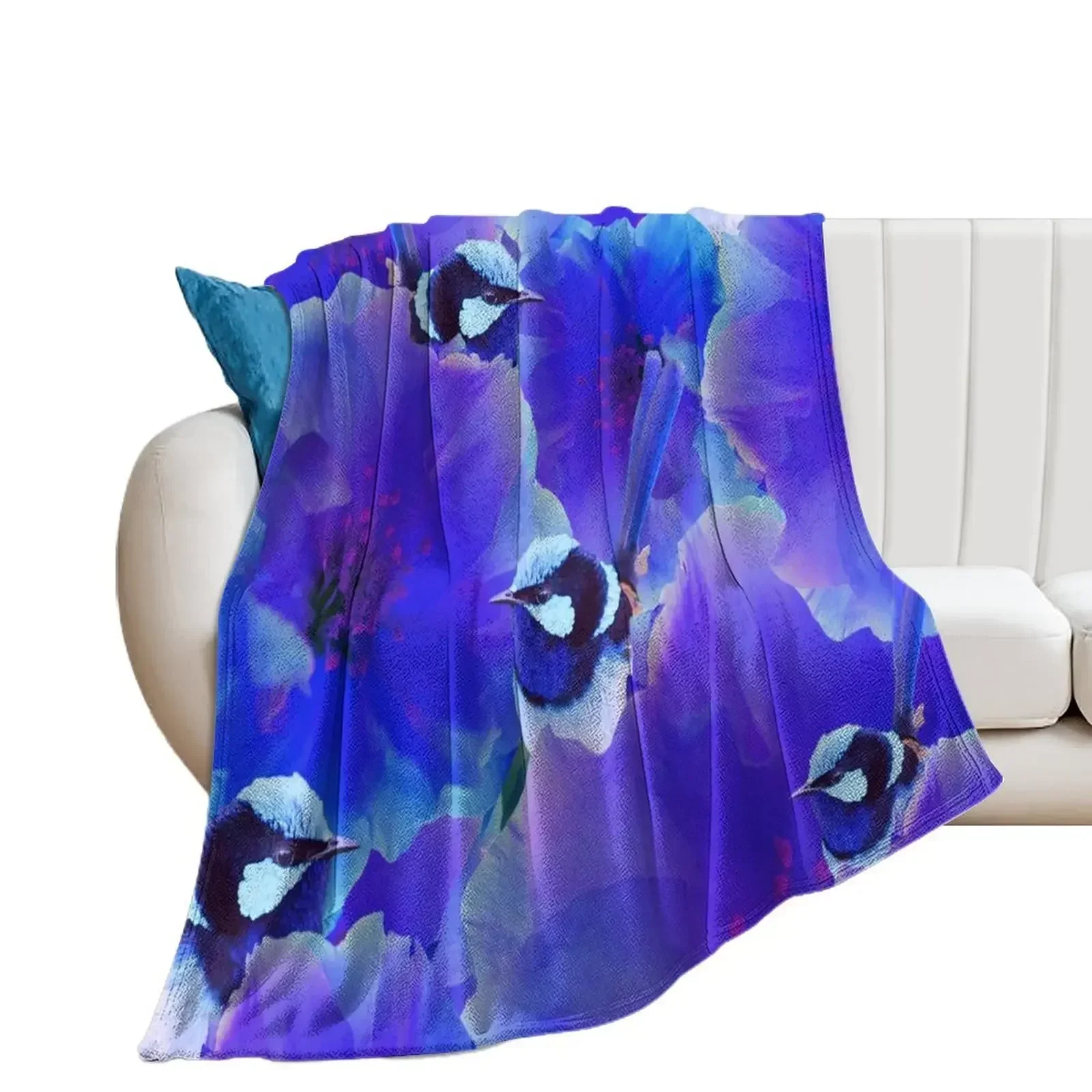 Bluetiful - Spot the Wren - Blossom Floral & Blue Wren Behind Black Throw Blanket Bed covers Soft Beds Weighted Retros Blankets