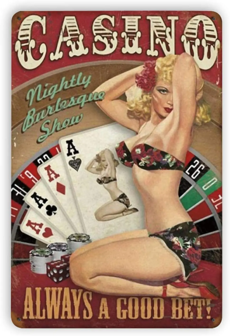 Woollywonder Knits Casino Nightly Burlesque Show Metal Sign Retro Wall Decor Wall Art Decoration Plaque for Home Kitchen Ba sign
