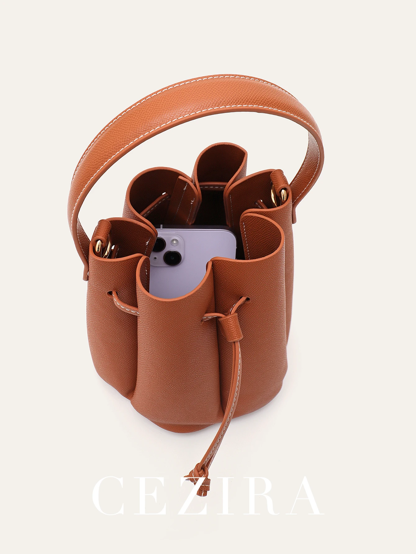 Women\'s Chic Design Top-handle Bucket Bag PU Leather Patchwork Petals Shaped Drawstring Shoulder Cross body Handbag Fashionable