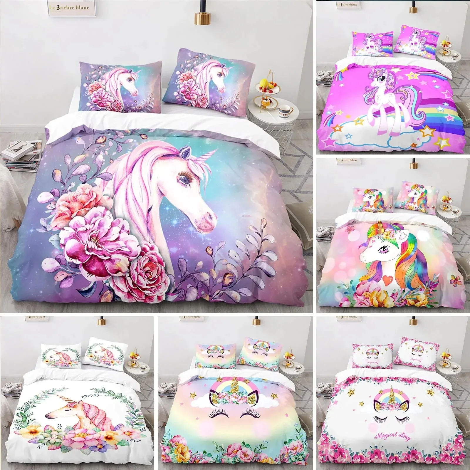 

Cartoon Unicorn Duvet Cover Floral Rainbow Quilt Cover Microfiber 3D Girl's Eyelash Bedding Set Full For Kids Teen Kawaii Room