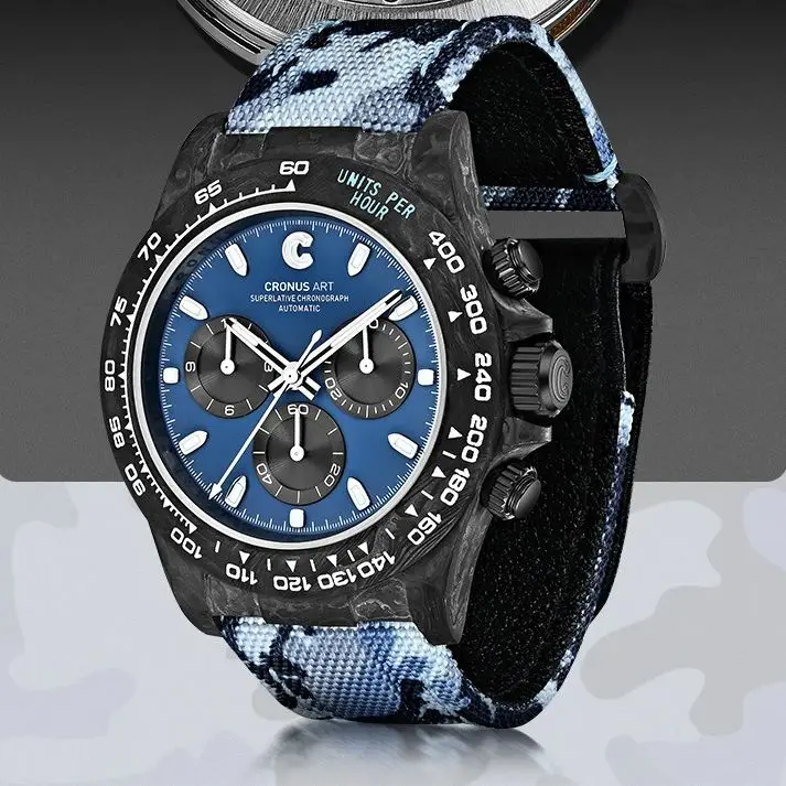 CRONUSART Men Chronograph Watch 40mm Carbon Fibre Automatic Mechanical Wristwatch Luminous Sapphire Triple Windows Canvas Strap