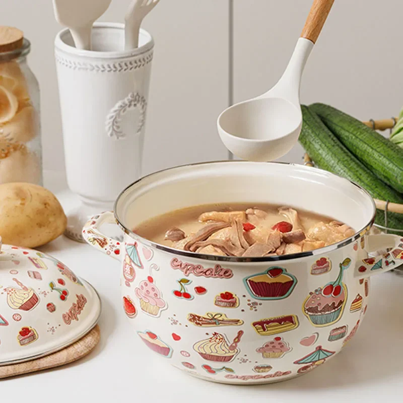 Enamel Soup Pot with Lid Double Handled 5.5L Large Capacity Deepening High Stew Pot Cute Dessert Pattern Kitchen Cookware