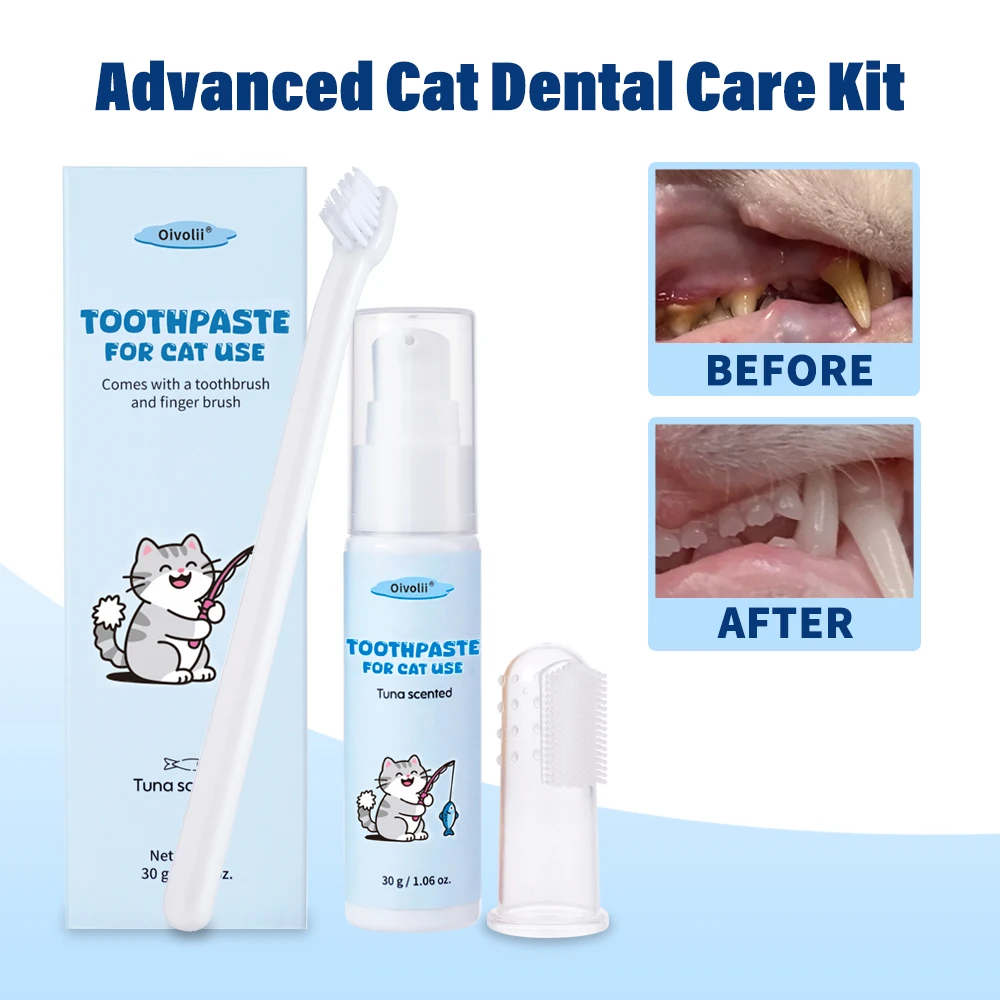 Pasta de Dente para Pets 30g com Escova e Escova de Dedo, Removedor de Tártaro e Controle de Placa, Kit de Cuidados Dentários para Cães e Gatos com Hálito Fresco