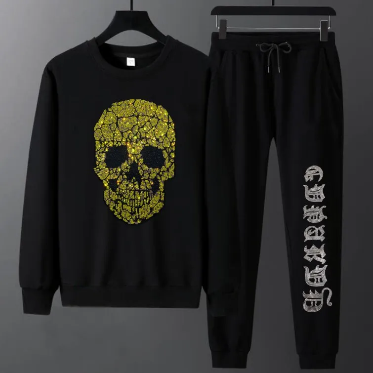 Fashion Diamonds Skull Men's Sets Casual Autumn Winter Round Neck Hoodie and Pant Suits Tracksuit Men Clothes Ropa De Hombres