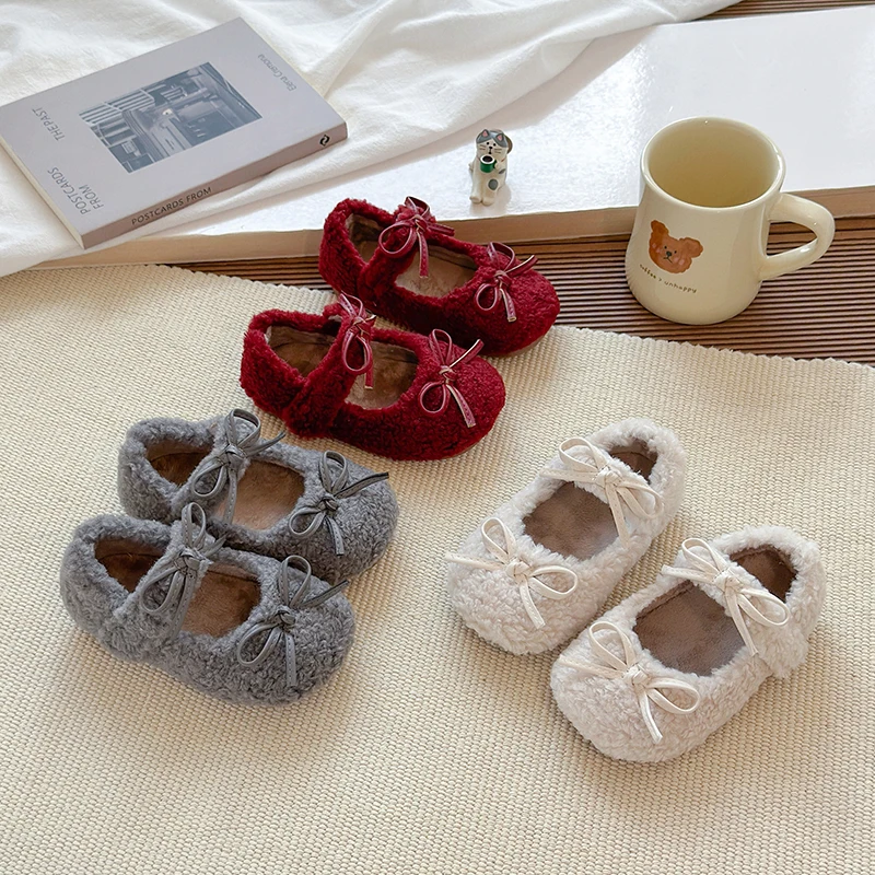 

2025 New Girls Ballet Flats Winter Luxury Fur Warm Plush Mary Jane Shoes Children's Comfortable Non Slip Leather Shoes