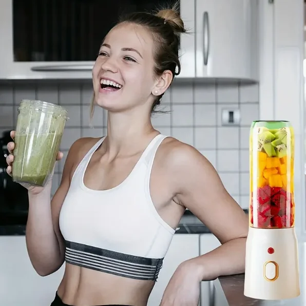 Перезаряжаемый через USB мини-блендер, маленькая соковыжималка с двойной чашкой, пластиковый корпус, многофункциональная соковыжималка с 2 чашками и крышкой спортивной чашки