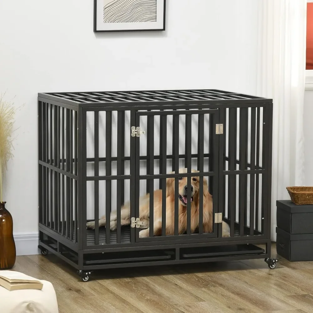 Heavy Duty Cage Metal Kennel & Caged Dog Playpen with Lockable Wheels, Slide-Out Tray, and Anti-Pinch Floor, 41