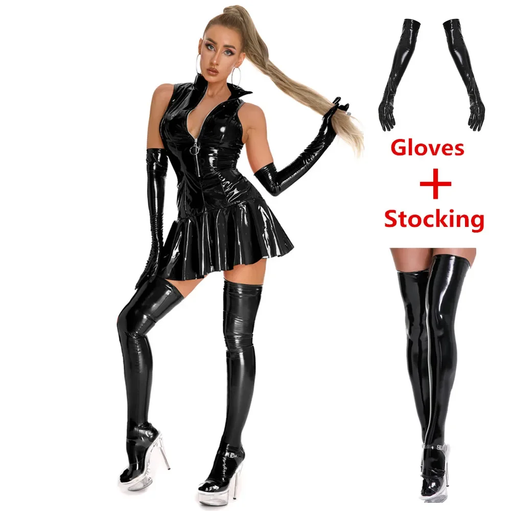 

Sexy Womens Wetlook Latex Bodycon Dress With Gloves And Stocking Zipper Sleeveless Glossy Leather Pleated Mini Dresses