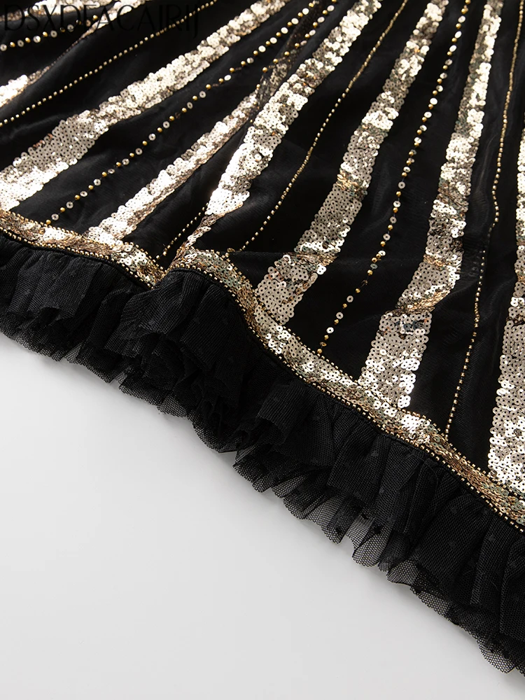 DSXDFACAIRIJ Damen-Maxikleider mit V-Ausschnitt, Fledermausärmeln, Position, Pailletten, Perlenstickerei, bestickt, High Street Mesh-Maxikleider, Herbst, Damen