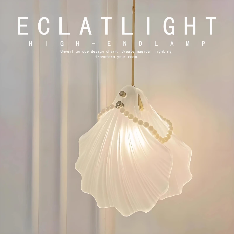 

French White Frosted Shell Glass LED Pendant Lights Pearl Ceiling Hanging Lamp Living Room Bedroom Kitchen Restaurant Chandelier