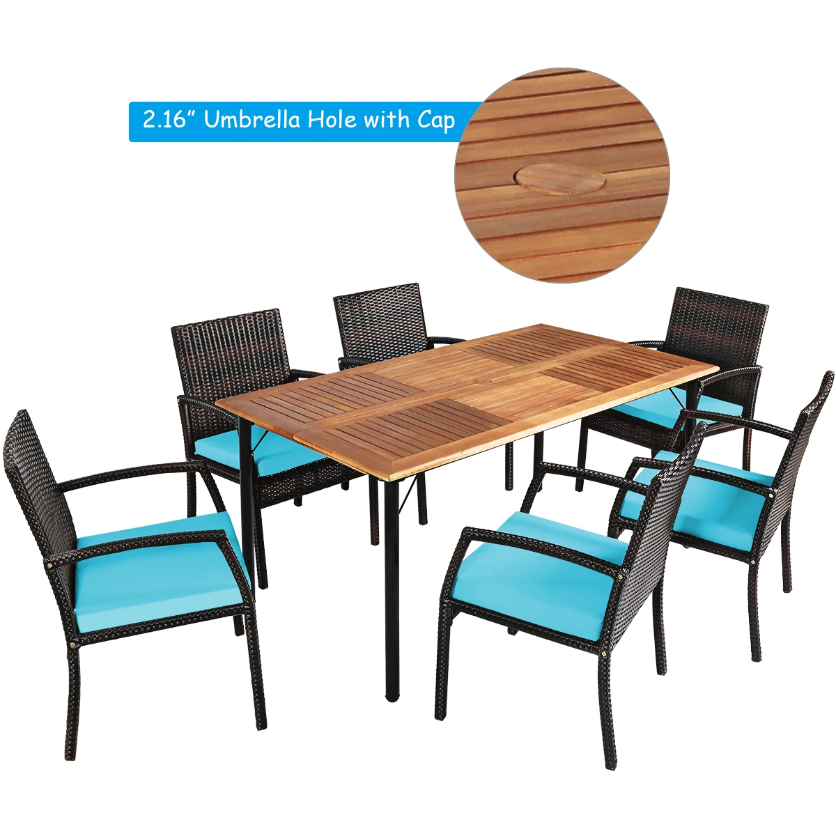 7PCS Patio Rattan Dining Chair Table Set W/ Cushion & Hole Turquoise