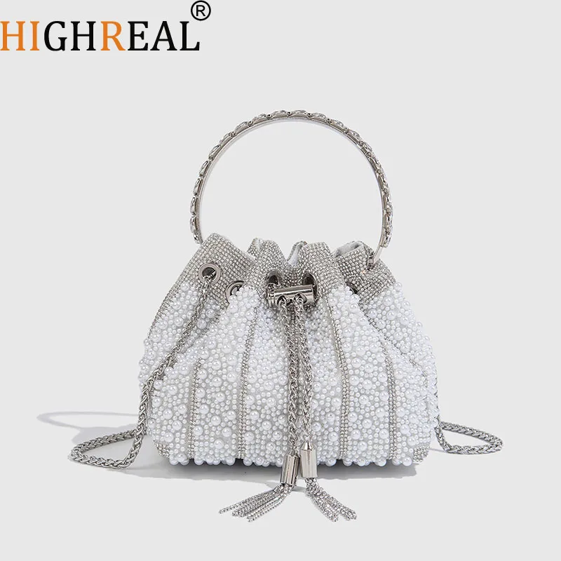 

Роскошная сумка-ведро с жемчугом, модная вечерняя сумка на шнурке для женщин, дизайнерская сумочка с круглой ручкой, свадебный клатч