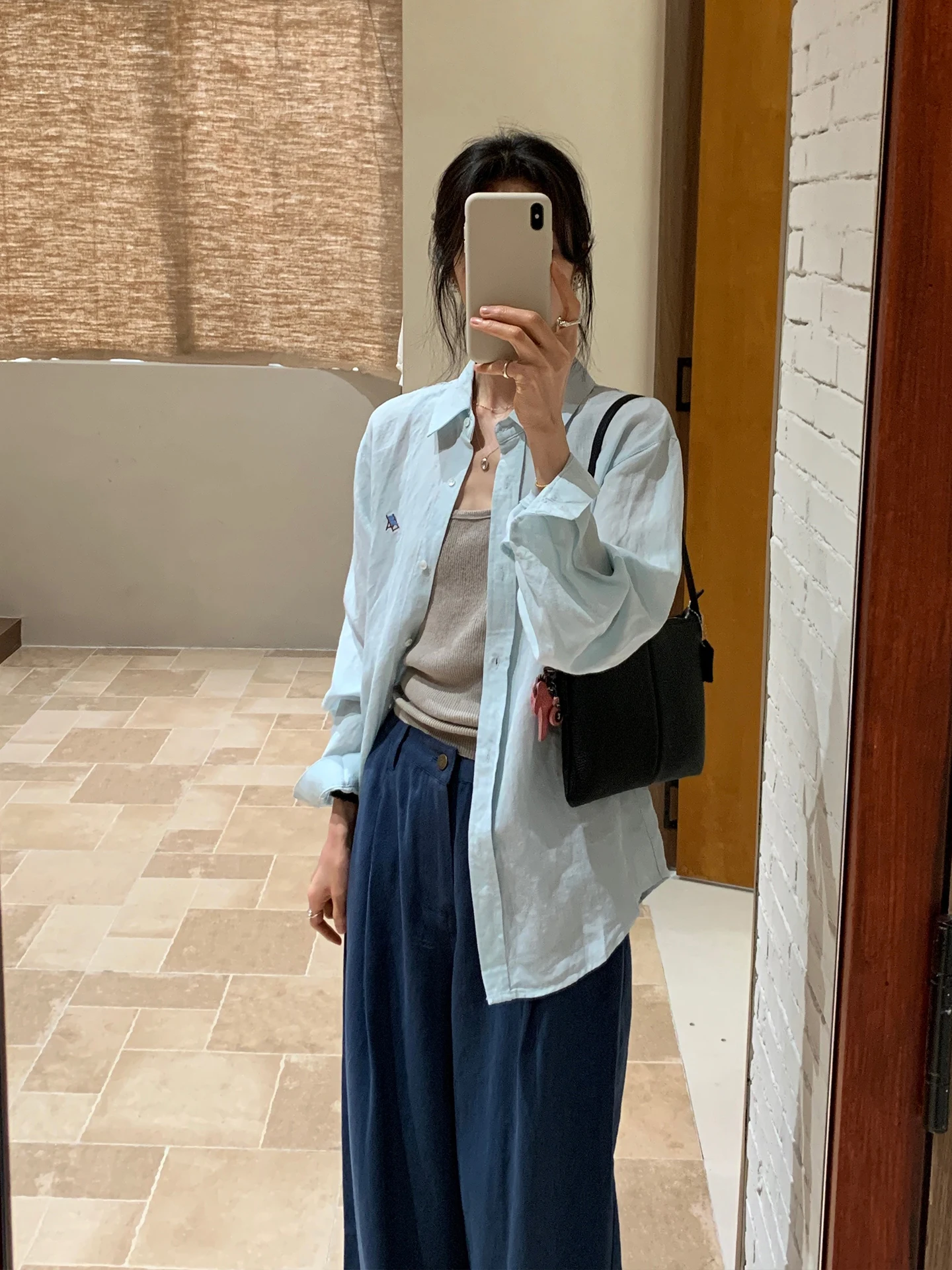 

Water Blue Embroidered Long Sve Women's irt Loose Casual Design Spring 2026 New Sle French Sle Breathable Skin-Friendly