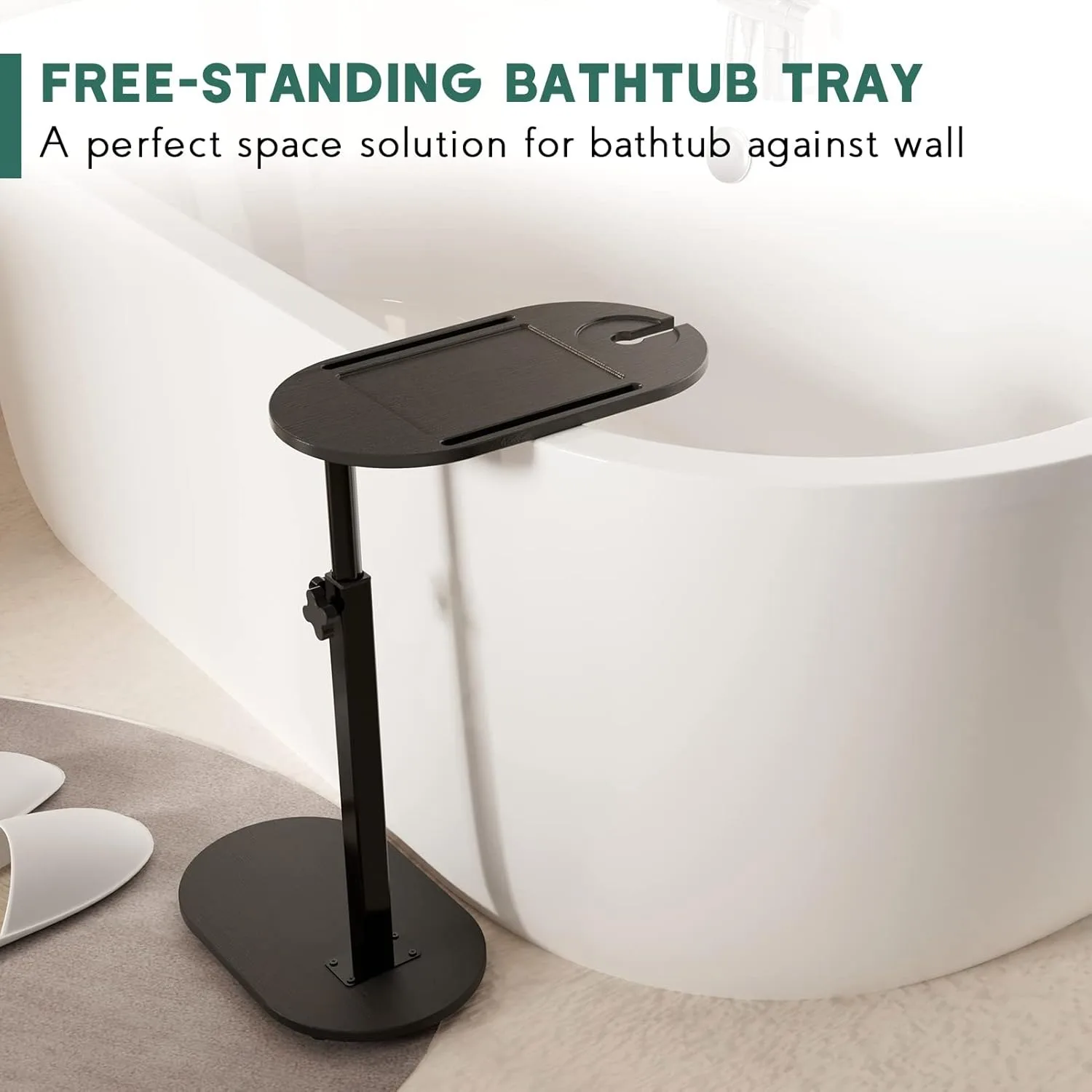 高さ調節可能な竹製バスタブトレイテーブル、壁に立てられる自立式バスタブキャディ、浴槽用オーガナイザー（ブラック）