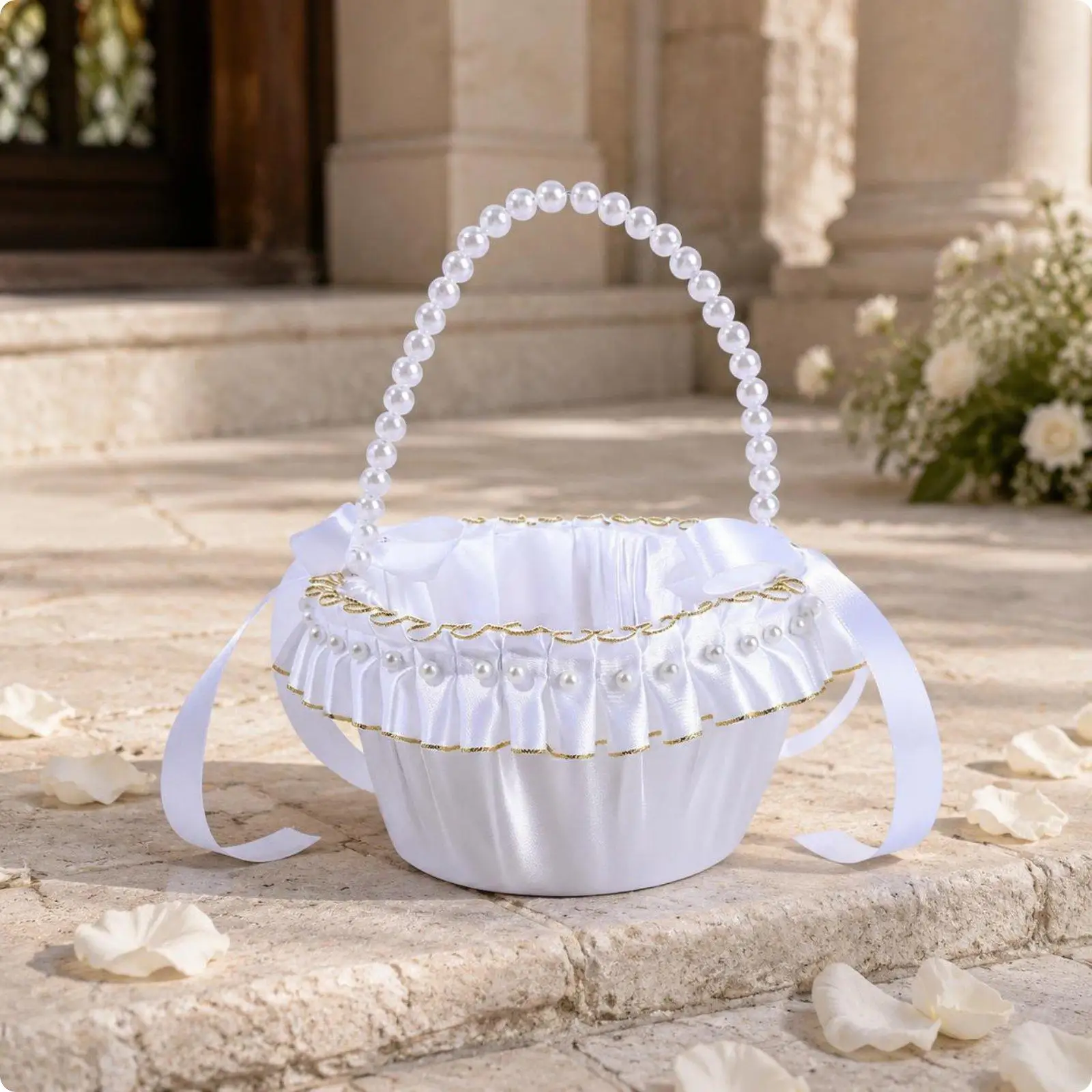 Premium Cloth Decorative Basket Pleated White Flower Girl Basket Elegant Accessory for Wedding Decor Events