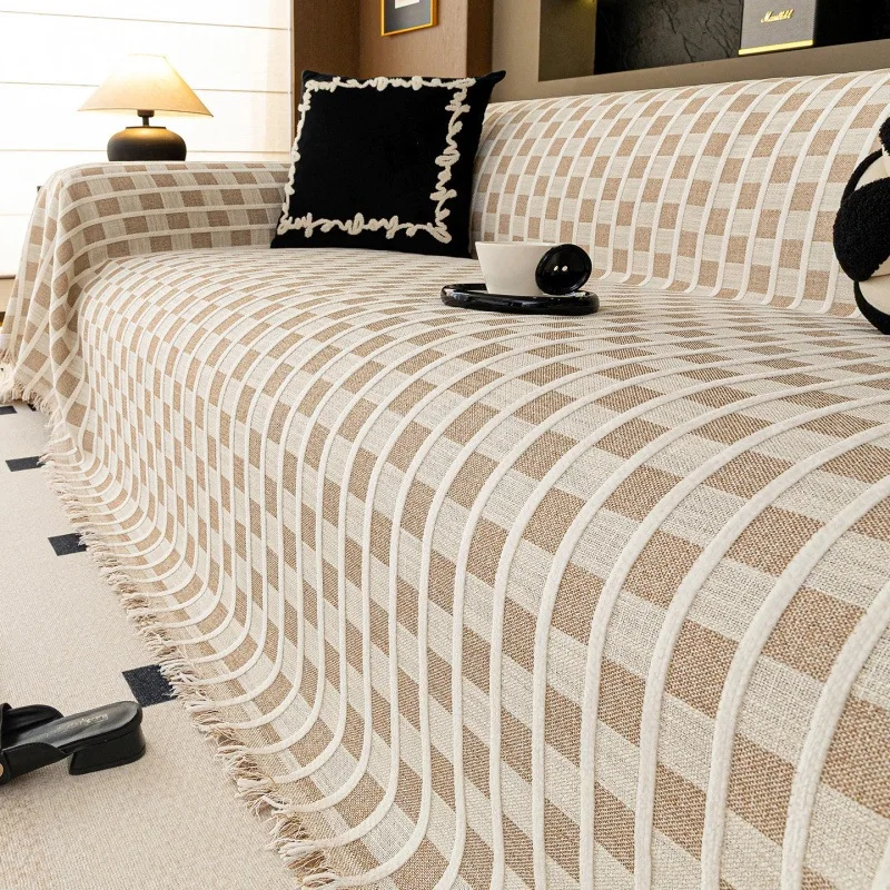 Chenille Sofa Throw Blanket Geometric Curved Line Jacquard All Season Two-Tone Tassel Couch Slipcover Dense Wear-Resistant Decor