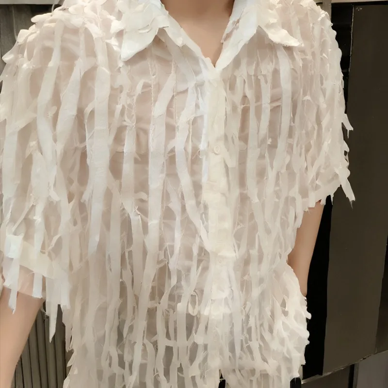 

Летние тонкие полые мужские рубашки с коротким рукавом, свободная повседневная рубашка для ночного клуба, сценического выступления, социальная уличная одежда, мужская одежда