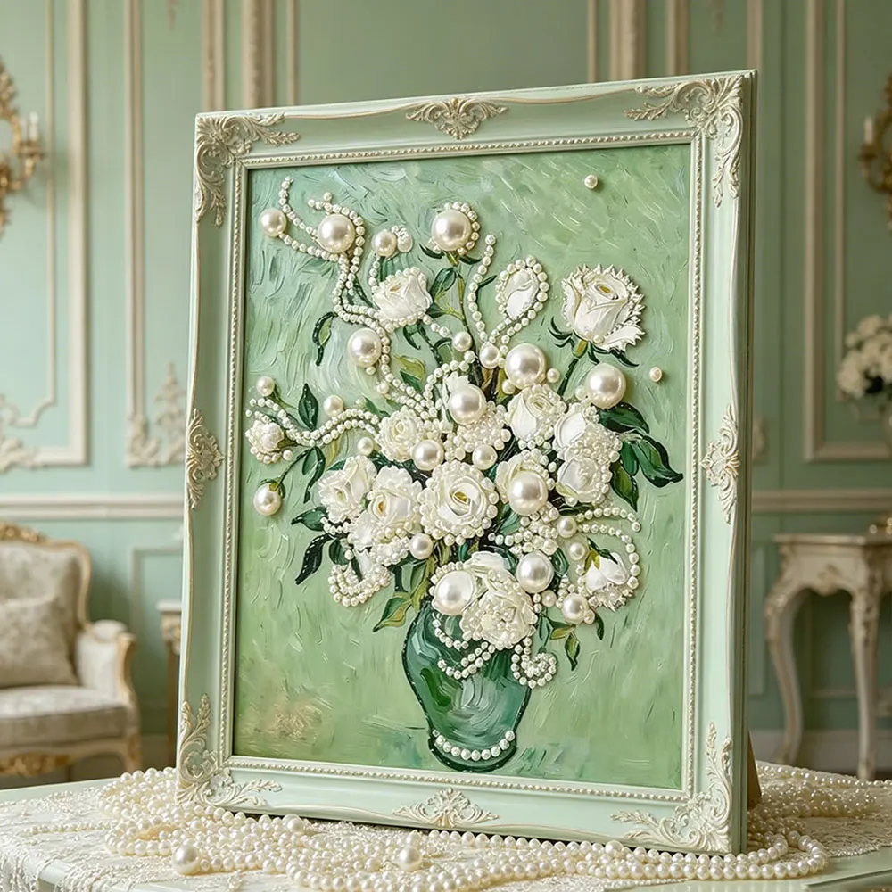 Huacan DIY Pearl Art Painting kits for Adults and Beginners White Rose Vase Painting Craft Home Wall Decor handmade Gift
