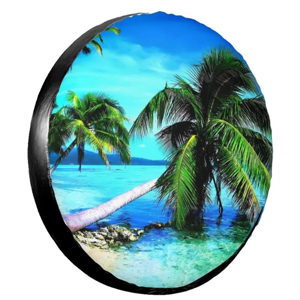 1Pcs Car PU Leather Spare Tire  Wheel Cover Coconut Trees Sea Beach Mountain River Sunset Sunrise Natural Scenery Protectors