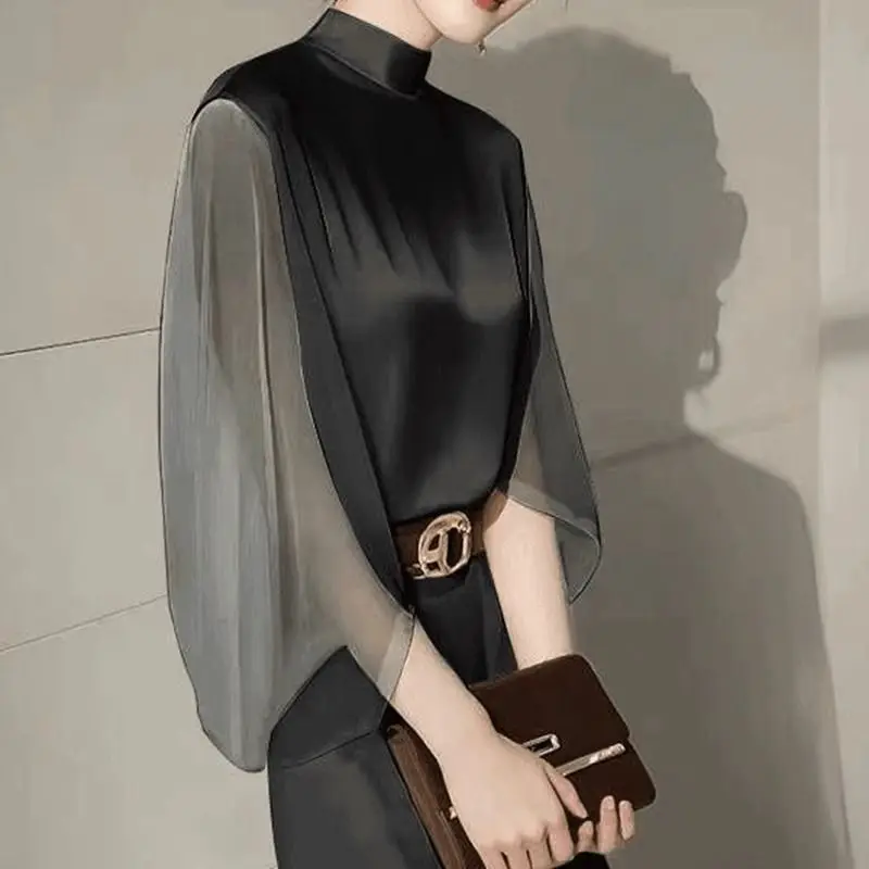 

Women Long Sleeve Spring Autumn Shirts New Beautiful Small Shirt Office Lady Unique Chic Top Dopamine French Black Chiffon Shirt